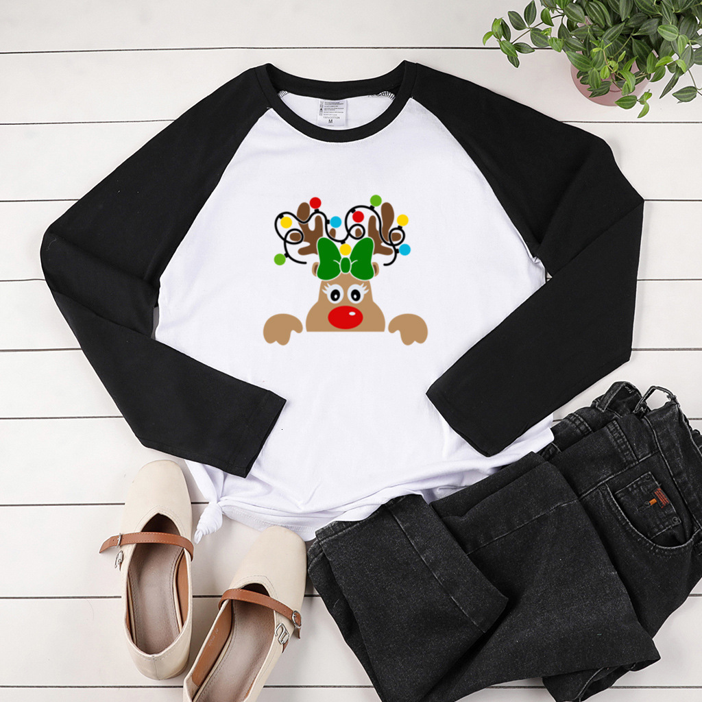 New autumn style two tone shoulder long sleeved Christmas reindeer print plus fat enlarged women's top dongdumaoyi