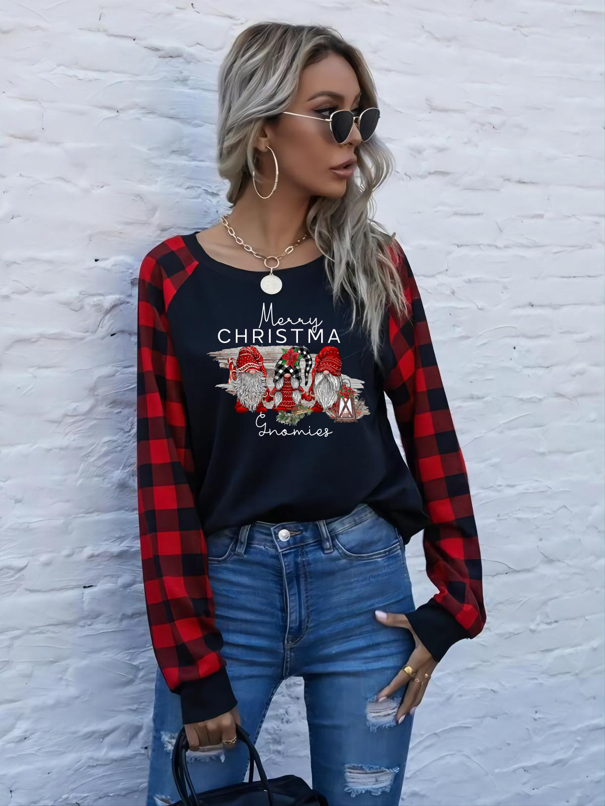 new autumn women's clothing plaid shoulder printed letter long sleeved T-shirt for women dongdumaoyi