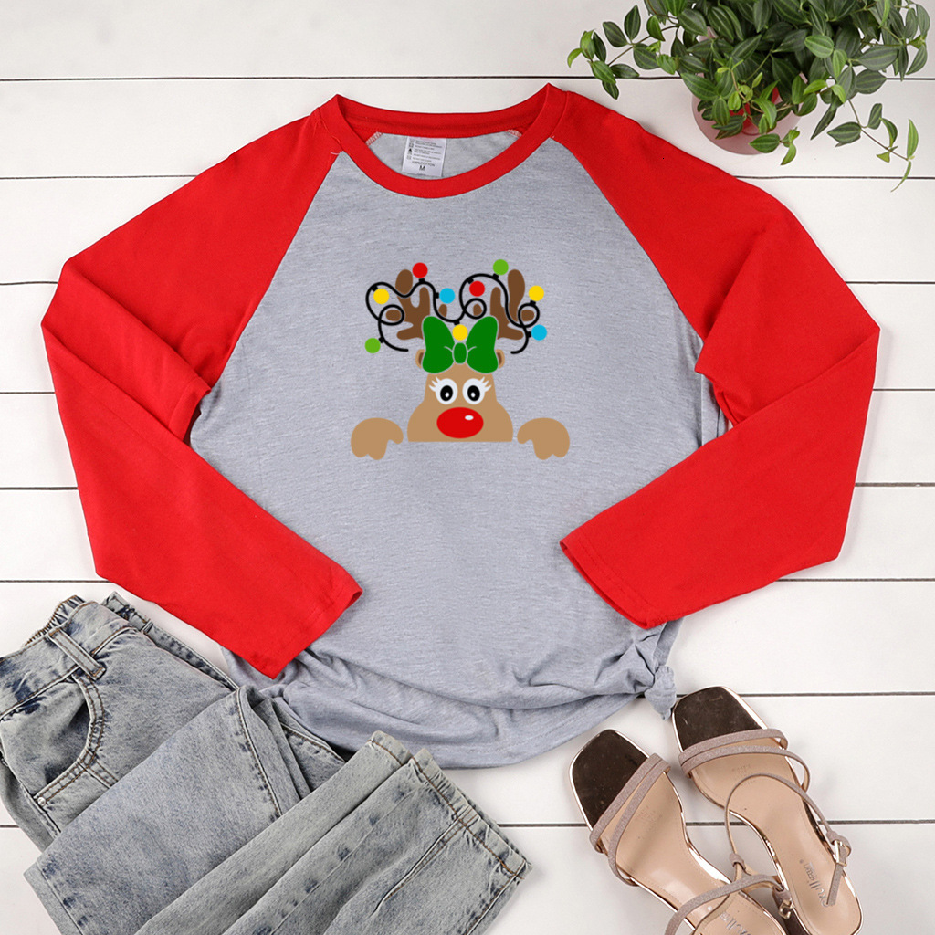 New autumn style two tone shoulder long sleeved Christmas reindeer print plus fat enlarged women's top dongdumaoyi