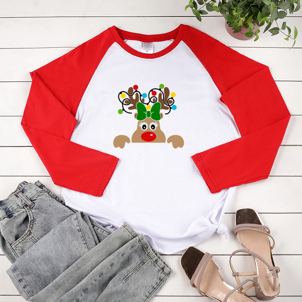 New autumn style two tone shoulder long sleeved Christmas reindeer print plus fat enlarged women's top dongdumaoyi