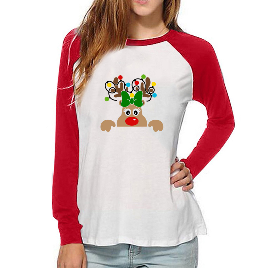 New autumn style two tone shoulder long sleeved Christmas reindeer print plus fat enlarged women's top dongdumaoyi