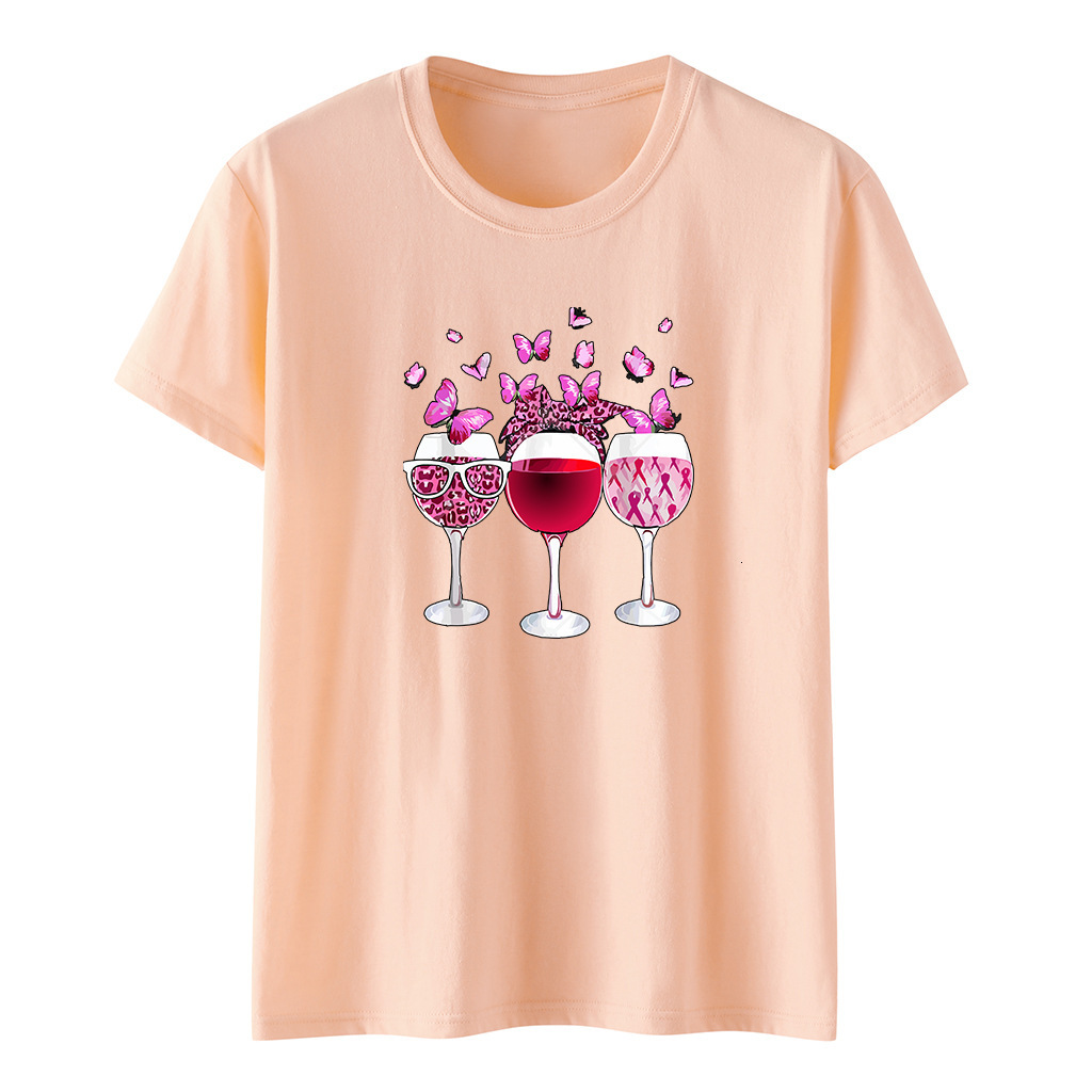 Women's with three red wine glasses, pink butterfly print, loose fit T-shirt, women's short sleeved casual top, plus size T-shirt dongdumaoy