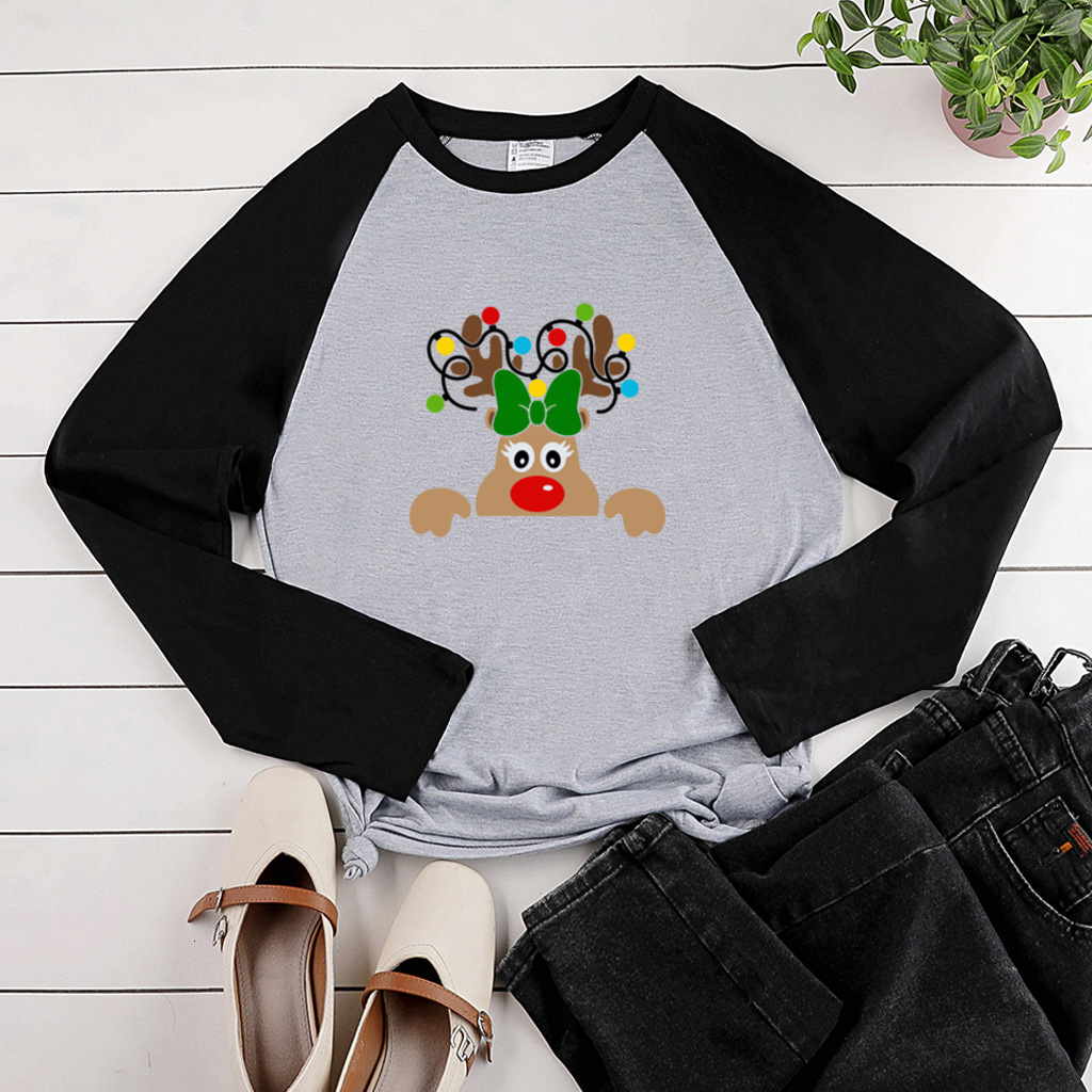 New autumn style two tone shoulder long sleeved Christmas reindeer print plus fat enlarged women's top dongdumaoyi