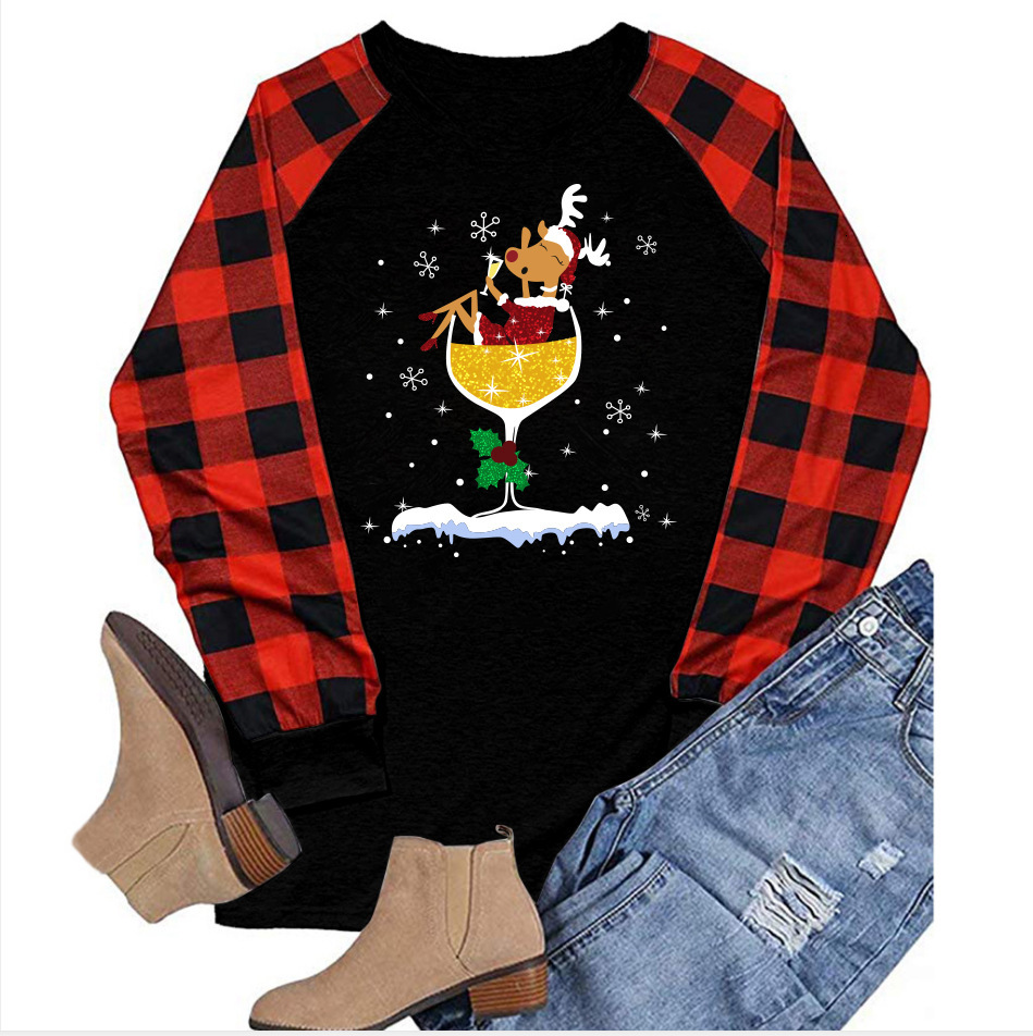 new autumn women's clothing plaid shoulder printed letter long sleeved T-shirt for women dongdumaoyi