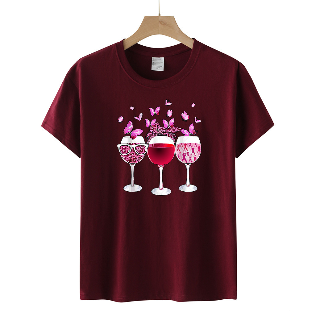 Women's with three red wine glasses, pink butterfly print, loose fit T-shirt, women's short sleeved casual top, plus size T-shirt dongdumaoy