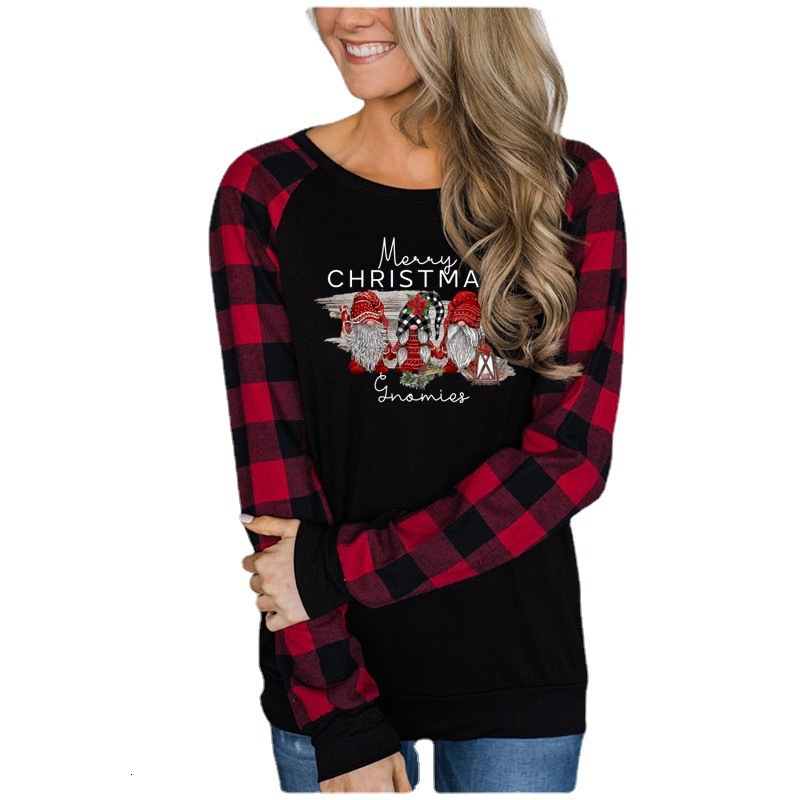 new autumn women's clothing plaid shoulder printed letter long sleeved T-shirt for women dongdumaoyi