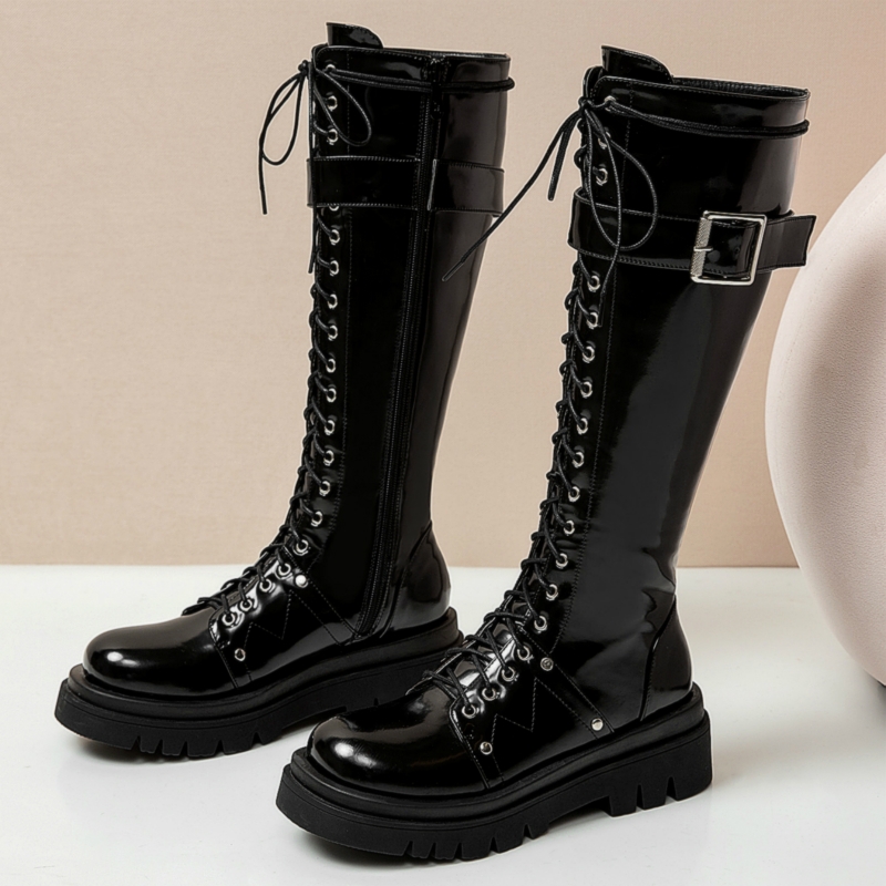 Winter Fashion Shoes Women's Knee High Platform Lace Up Buckle Black White Punk Long Combat Riding Rain Boots Waterproof 179d
