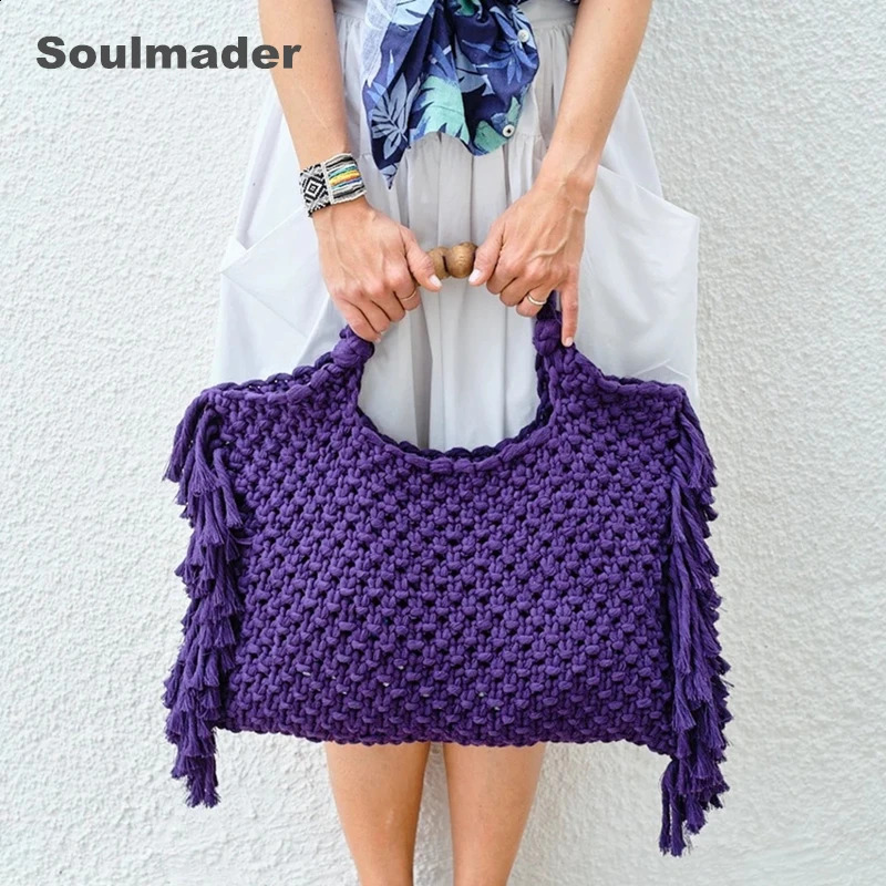 rame wholesale women Crochet boho chic Summer fringe beach tote bag ivory purple green blue black yellow 240830 1125 4