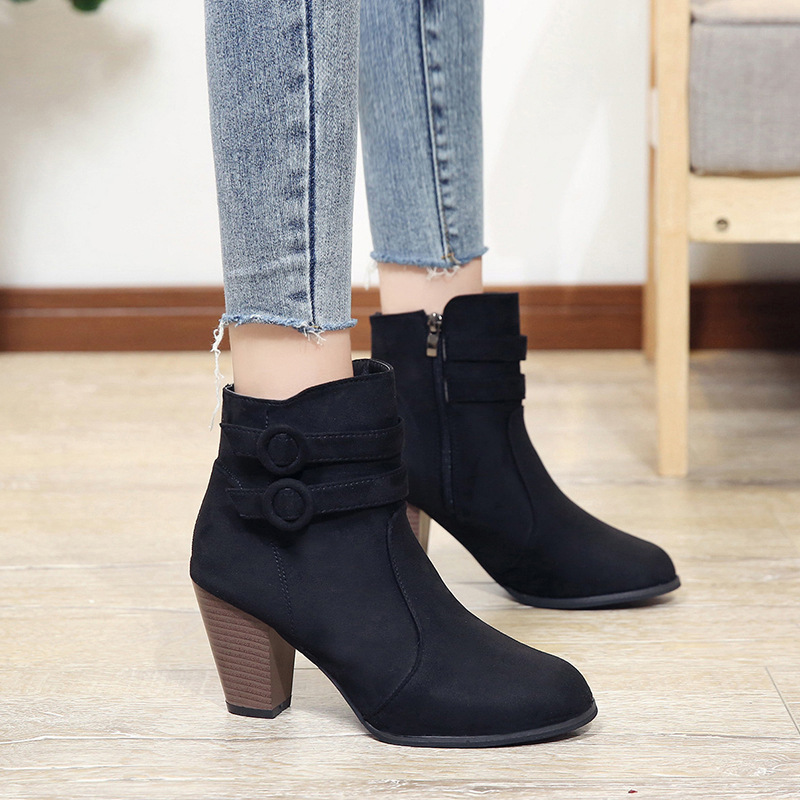 Buckle Double Woman Autumn Winter Women Block Heel ck Short Ankle Boots Lady Casual Shoes 2021 i e171