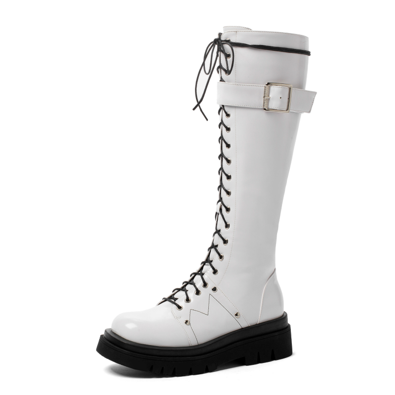 Winter Fashion Shoes Women's Knee High Platform Lace Up Buckle Black White Punk Long Combat Riding Rain Boots Waterproof 179d