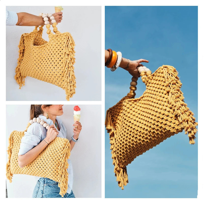 rame wholesale women Crochet boho chic Summer fringe beach tote bag ivory purple green blue black yellow 240830 1125 4