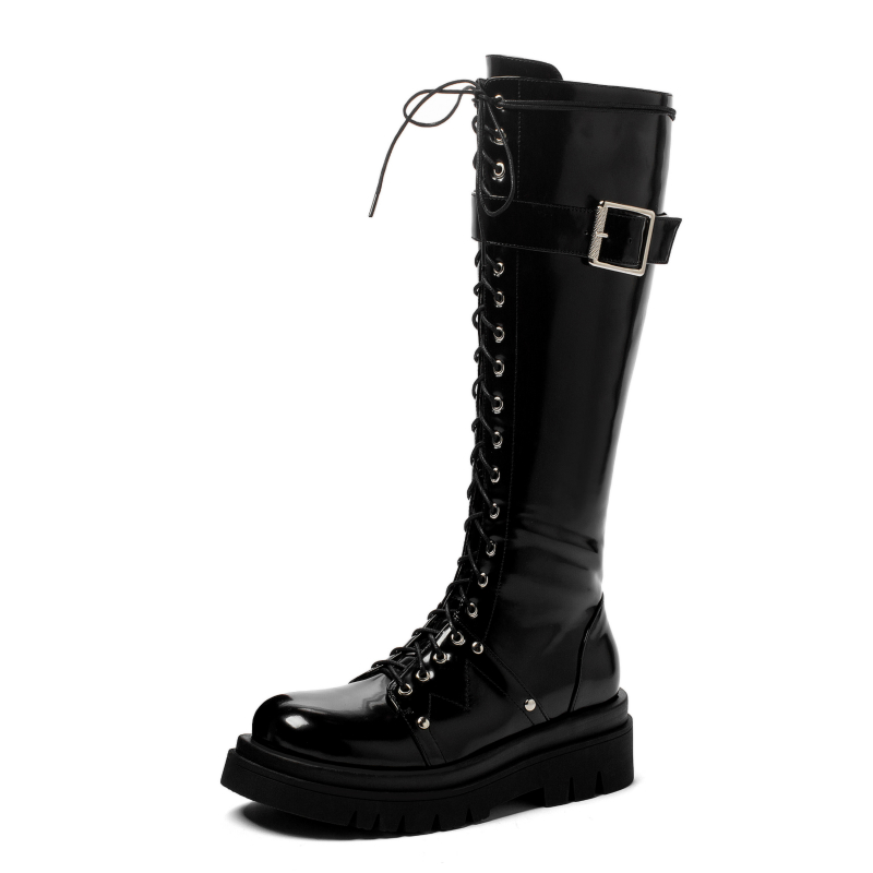 Winter Fashion Shoes Women's Knee High Platform Lace Up Buckle Black White Punk Long Combat Riding Rain Boots Waterproof 179d