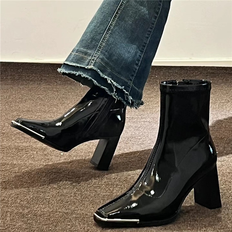 Autumn 2024 Winter Patent Leather Shoes Chunky Heels Sexy High Heel Short Boots Women Botas De Mujer Q225 1866