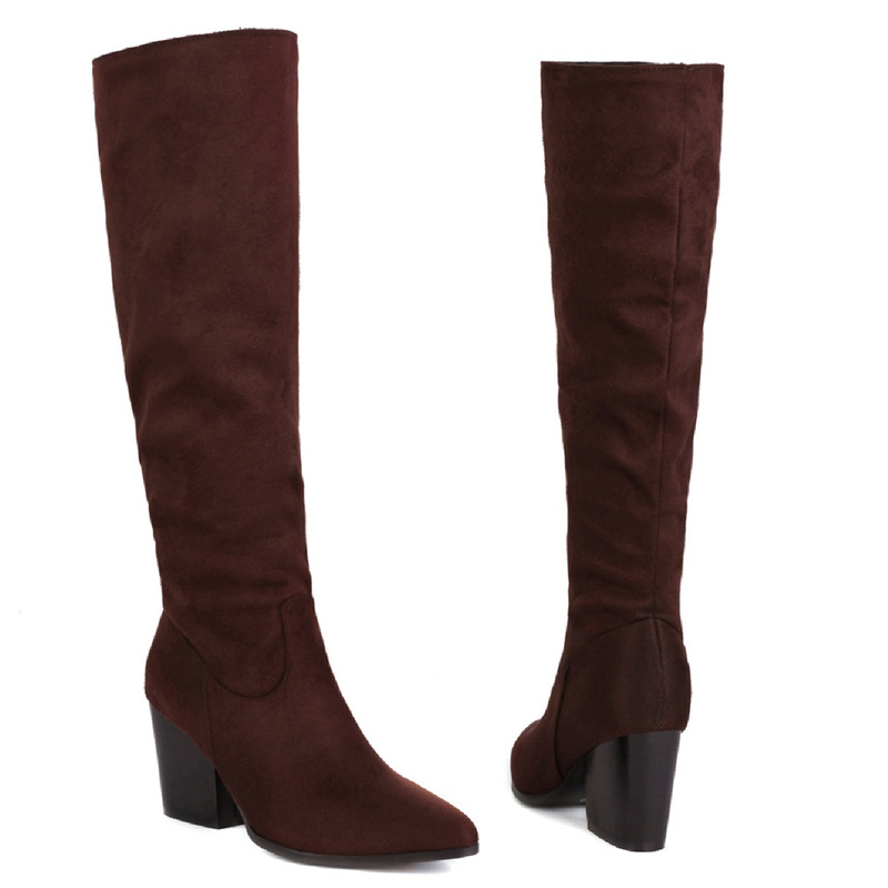 Suede Faxu Knee Boots Women Autumn Winter Fashion Long Tall Boot Female Block High Heels ck Black Red Party Shoes 0376 Bla