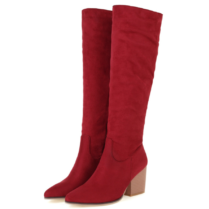 Suede Faxu Knee Boots Women Autumn Winter Fashion Long Tall Boot Female Block High Heels ck Black Red Party Shoes 0376 Bla