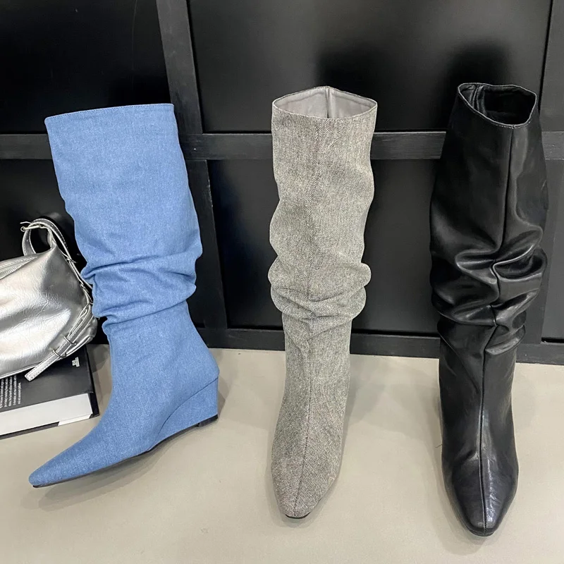 Eilyken 2024 Winter DENIM Pleated Pointed Toe Women Knee-High Boots Fashion Design Wedges High Heels Female Shoes cd16