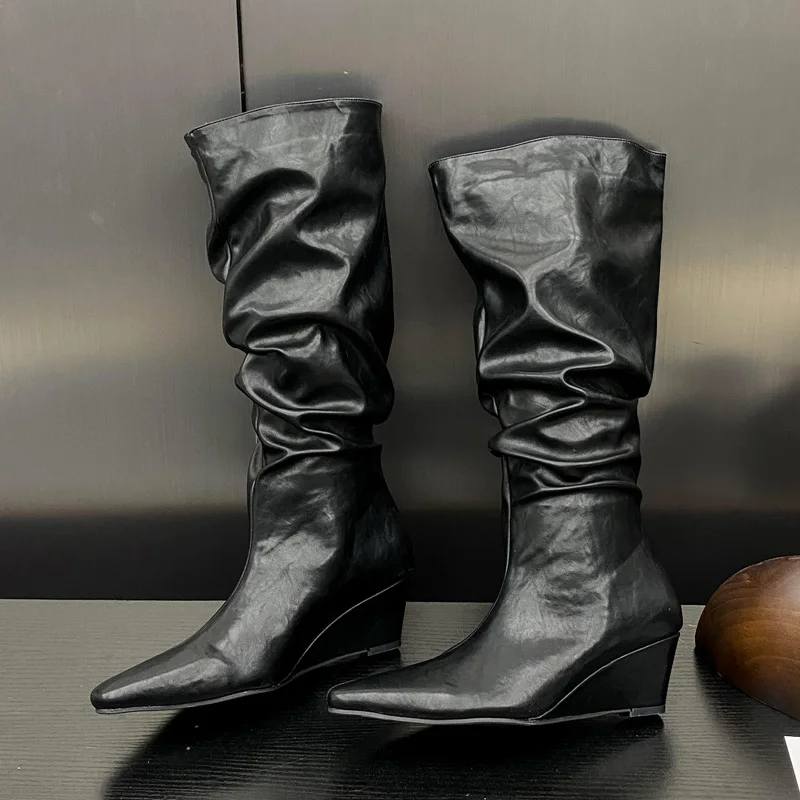 Eilyken 2024 Winter DENIM Pleated Pointed Toe Women Knee-High Boots Fashion Design Wedges High Heels Female Shoes cd16