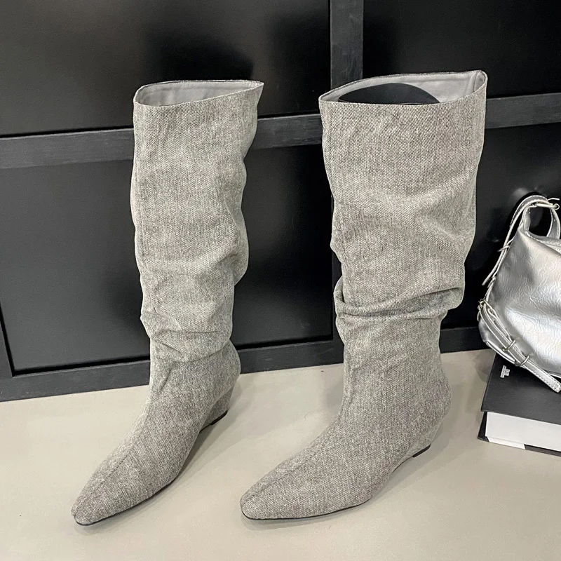 Eilyken 2024 Winter DENIM Pleated Pointed Toe Women Knee-High Boots Fashion Design Wedges High Heels Female Shoes cd16