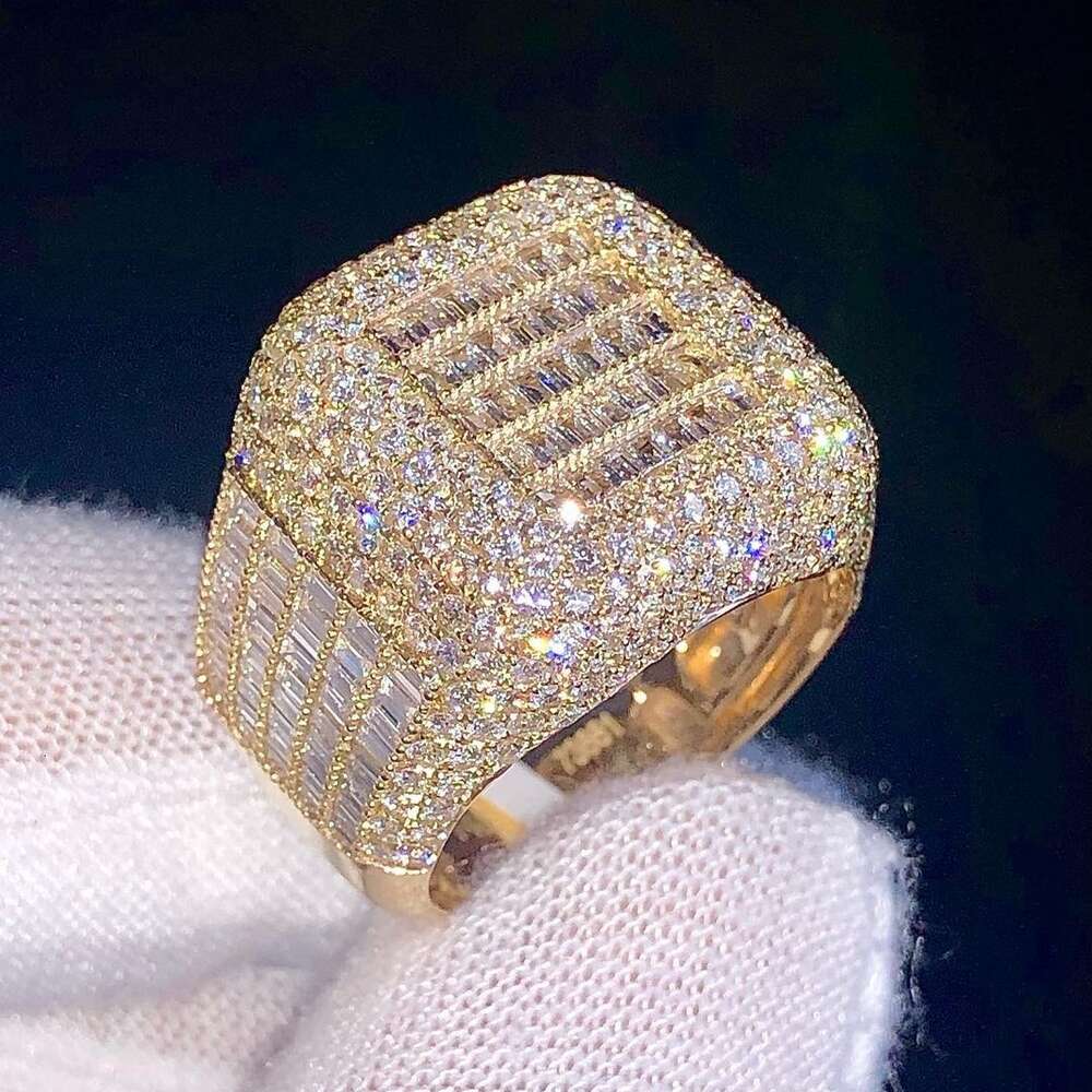 Aaa Gems Mens Iced Out Baguette Dia Engagement Sier Vvs Moissanite Champion Custom Hip Hop RingDia set hip hop ring