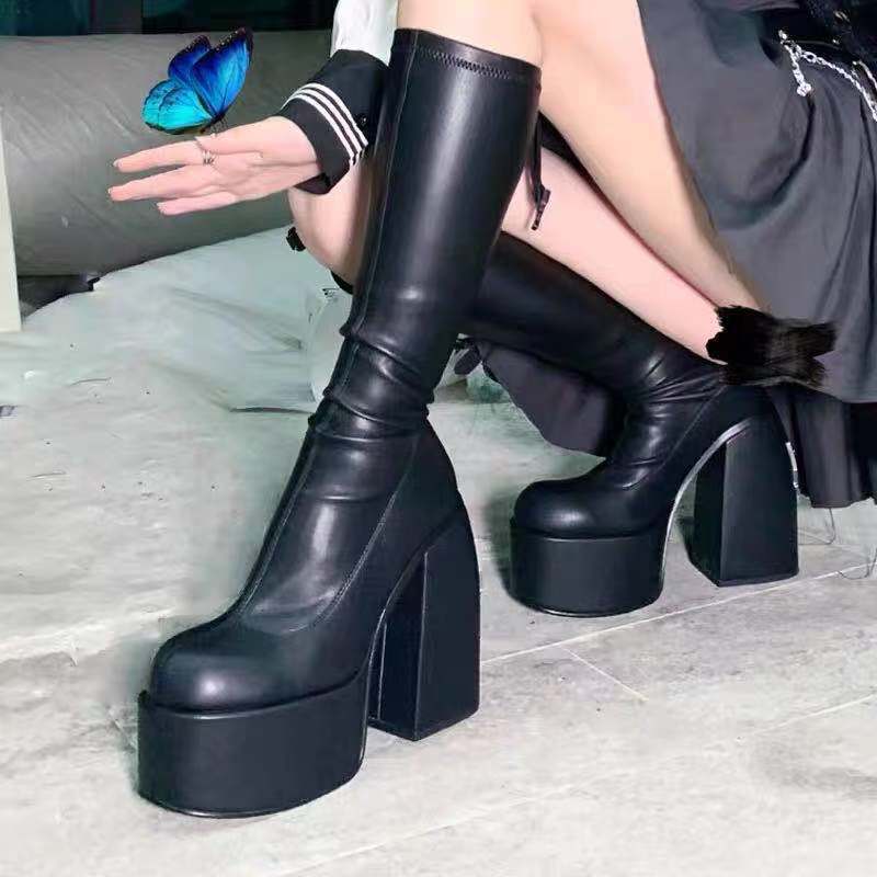 Punk Style Elastic Microfiber Shoes Woman Spice Ankle Heels Black Thick Platform Long Knee High Boots ff12