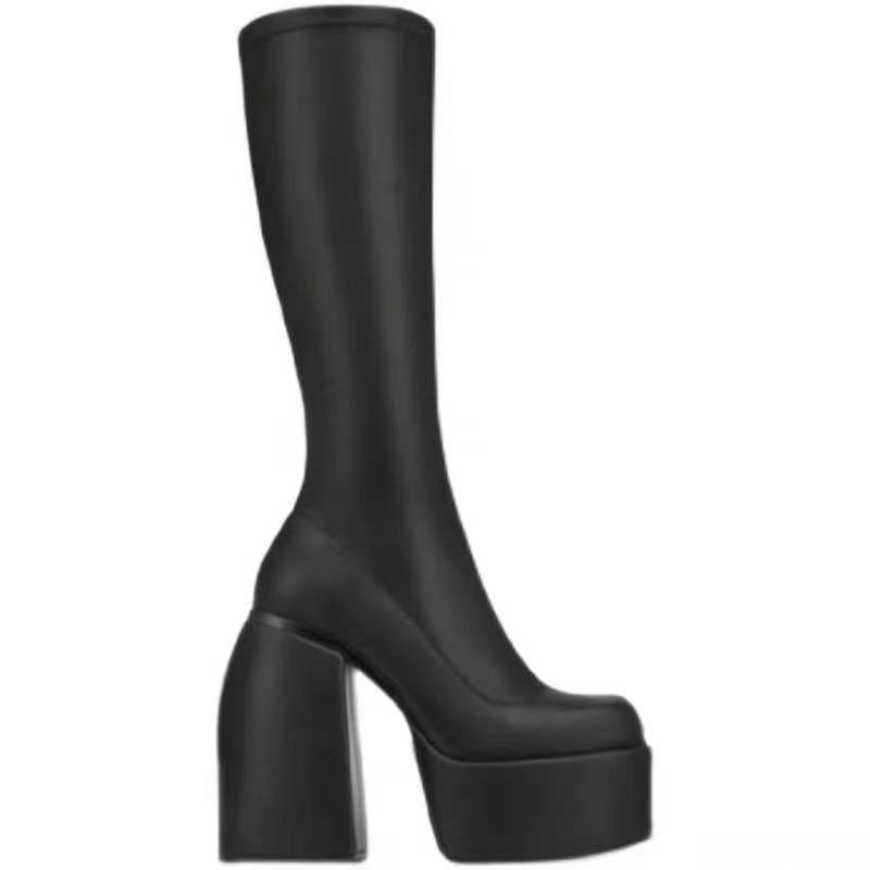 Punk Style Elastic Microfiber Shoes Woman Spice Ankle Heels Black Thick Platform Long Knee High Boots ff12
