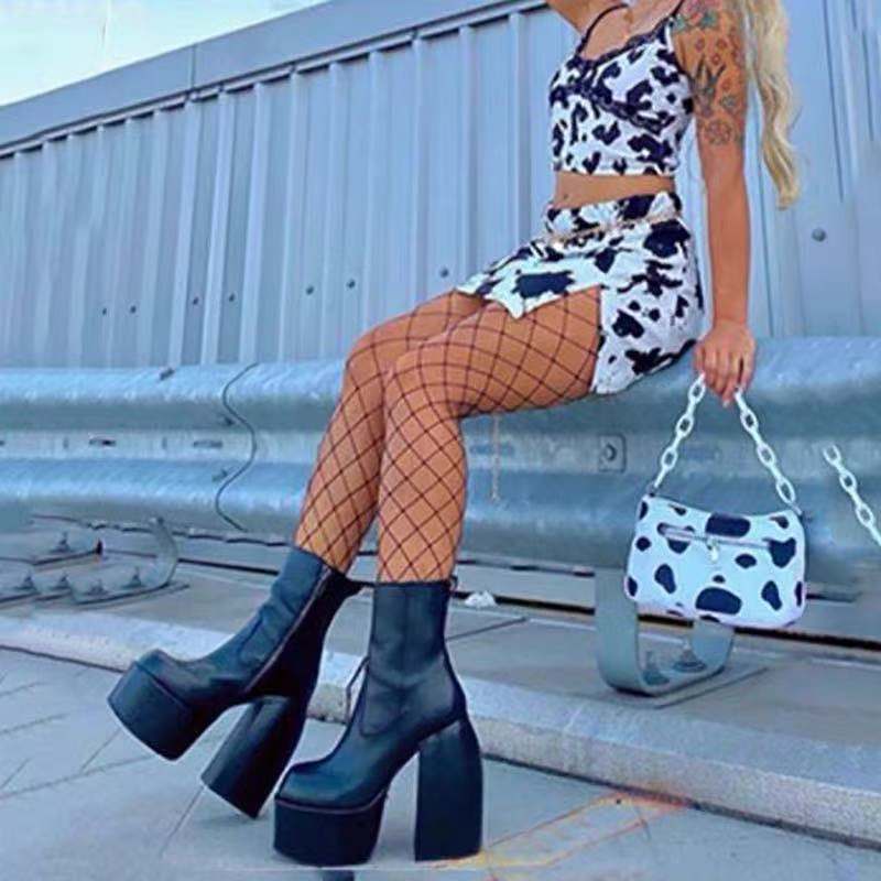 Punk Style Elastic Microfiber Shoes Woman Spice Ankle Heels Black Thick Platform Long Knee High Boots ff12