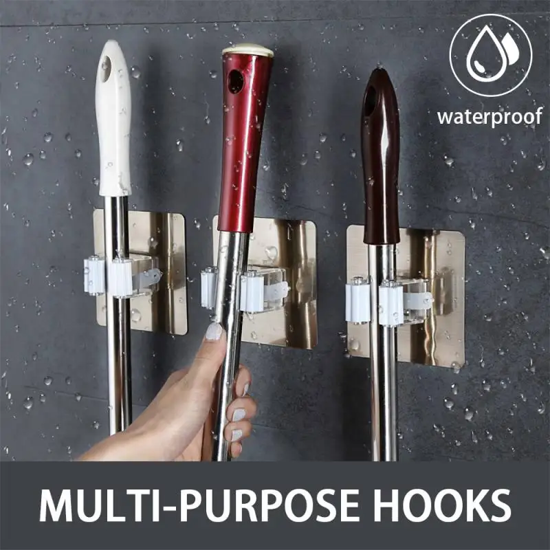 Kitchen Multi-Purpose Hooks Wall Mounted Mop Organizer Holder Rack Self Adhesive Broom Hanger Waterproof Bathroom Strong Hook