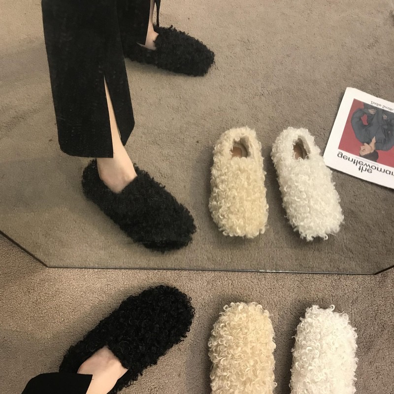 8e2ec 2023 Winter Fur Flat shoes woman round toe warr plush cotton moccasins female lambwool flats slip on furry loafers