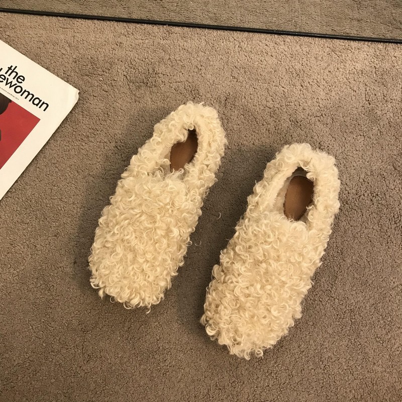 8e2ec 2023 Winter Fur Flat shoes woman round toe warr plush cotton moccasins female lambwool flats slip on furry loafers