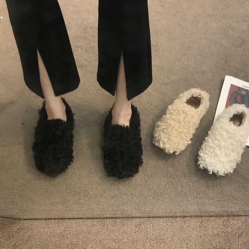 8e2ec 2023 Winter Fur Flat shoes woman round toe warr plush cotton moccasins female lambwool flats slip on furry loafers