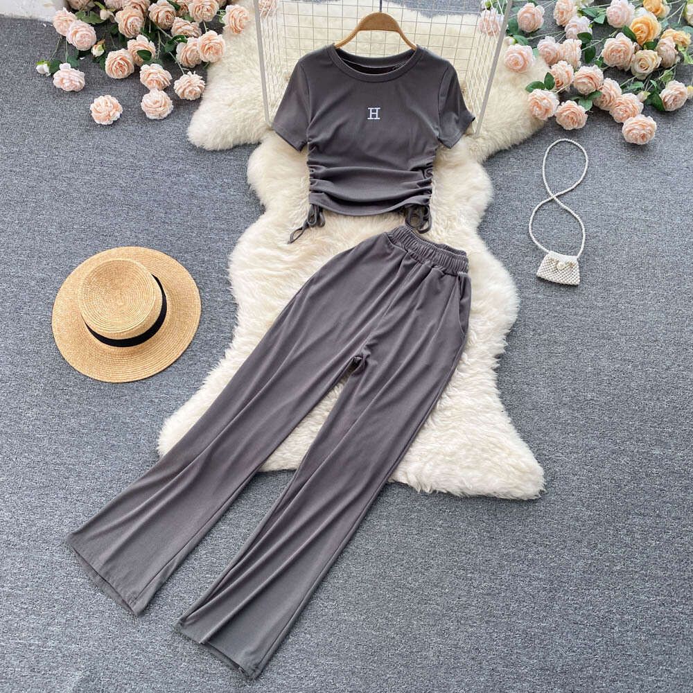 Summer Light Mature Womens Pleated Drawstring Tied Short Sleeved Top+draped Wide Leg Pants Two-piece Set Sexy Self-cultivation Bifurcated Lace Dress