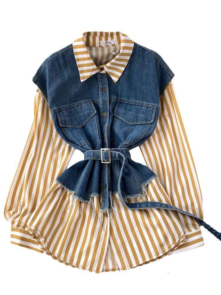 Spring and Autumn Korean Style Fake Two Loose Denim Vests with Striped Shirts for Womens Casual Irregular Top Temperament Novelty Oversize Dress Silk 