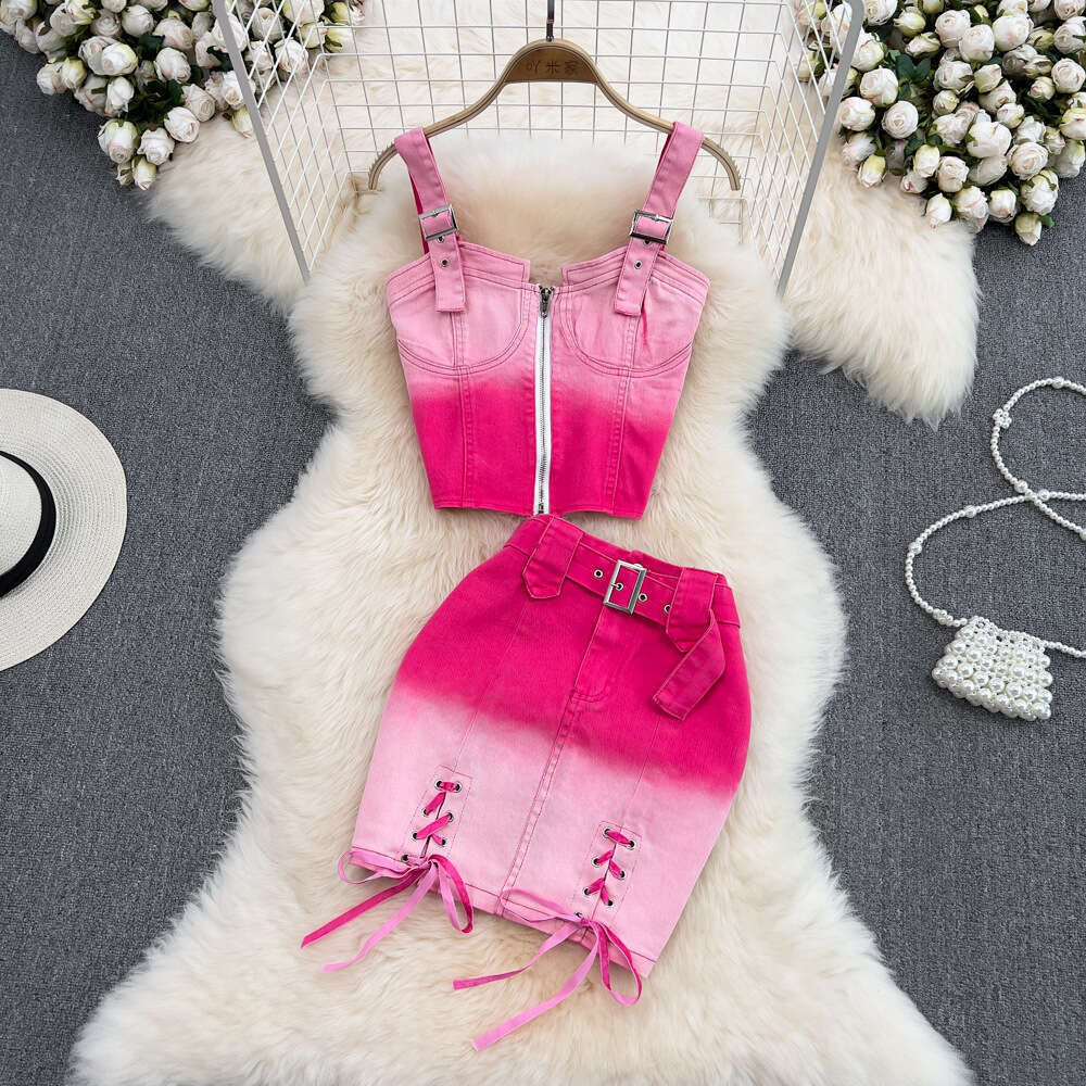 Pink Gradient Spicy Girl Denim Camisole Two-piece Set with High Waistband and Buttocks Strap, Half Skirt for Summer Bifurcated Waist Loose BOHO DRESS