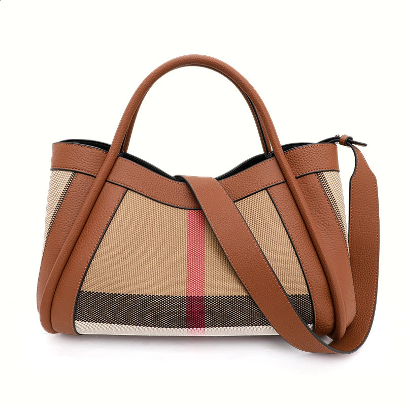2025 Retro Checkered Womens Handbag Fashionable Advanced Large Capacity Canvas with Cowhide Mother and Child Bag 240723 4