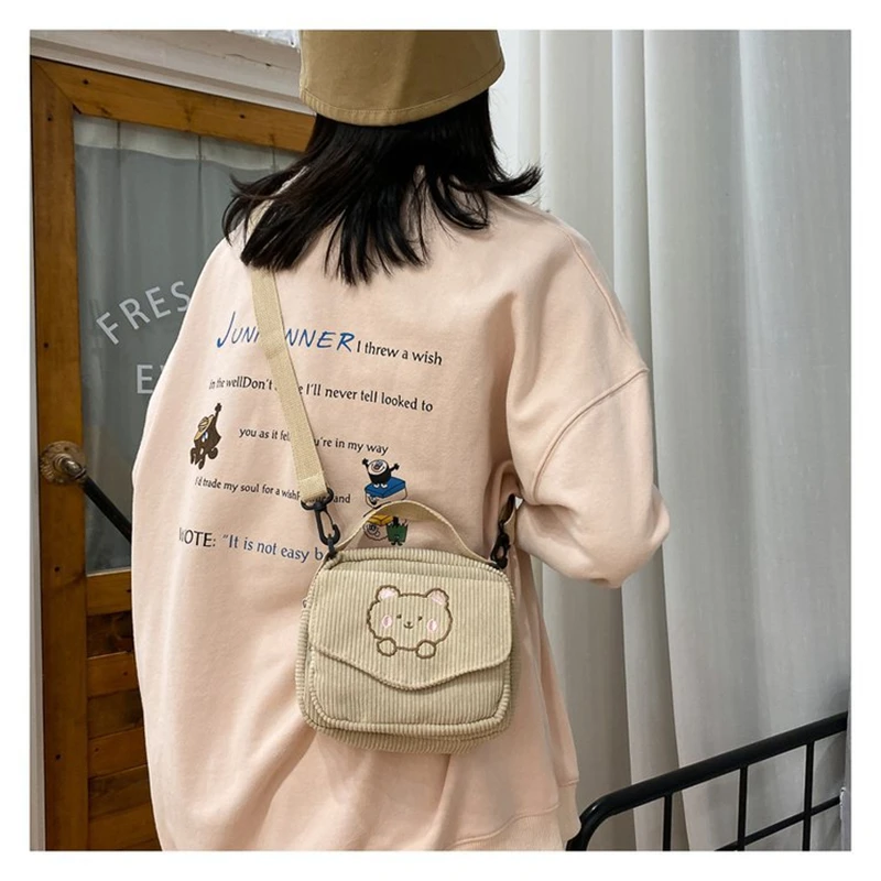 Free Shipping Ladies Cute Corduroy Small Bag Korean Style Canvas Shoulder Bags Little Bear Embroidery Handbag Crossbody Mobile Phone Package