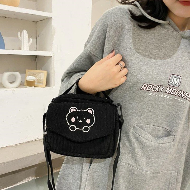 Free Shipping Ladies Cute Corduroy Small Bag Korean Style Canvas Shoulder Bags Little Bear Embroidery Handbag Crossbody Mobile Phone Package