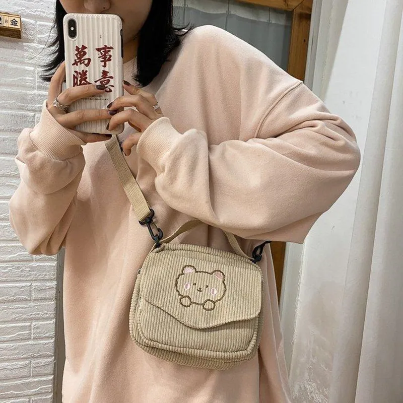 Free Shipping Ladies Cute Corduroy Small Bag Korean Style Canvas Shoulder Bags Little Bear Embroidery Handbag Crossbody Mobile Phone Package