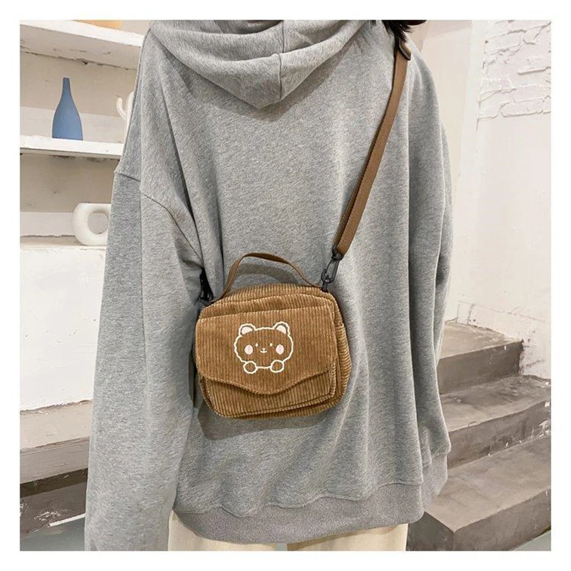 Free Shipping Ladies Cute Corduroy Small Bag Korean Style Canvas Shoulder Bags Little Bear Embroidery Handbag Crossbody Mobile Phone Package