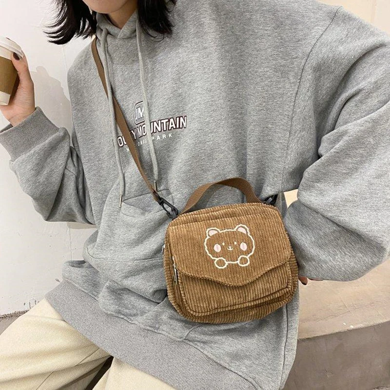 Free Shipping Ladies Cute Corduroy Small Bag Korean Style Canvas Shoulder Bags Little Bear Embroidery Handbag Crossbody Mobile Phone Package
