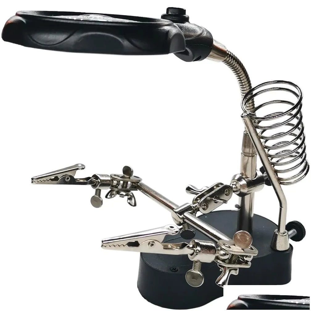 wholesale Other Welding Equipment Hel Hands Soldering Station 3.5X 12X Magnifying Glass Led Lighted Magnifier With Auxiliary Clips LL