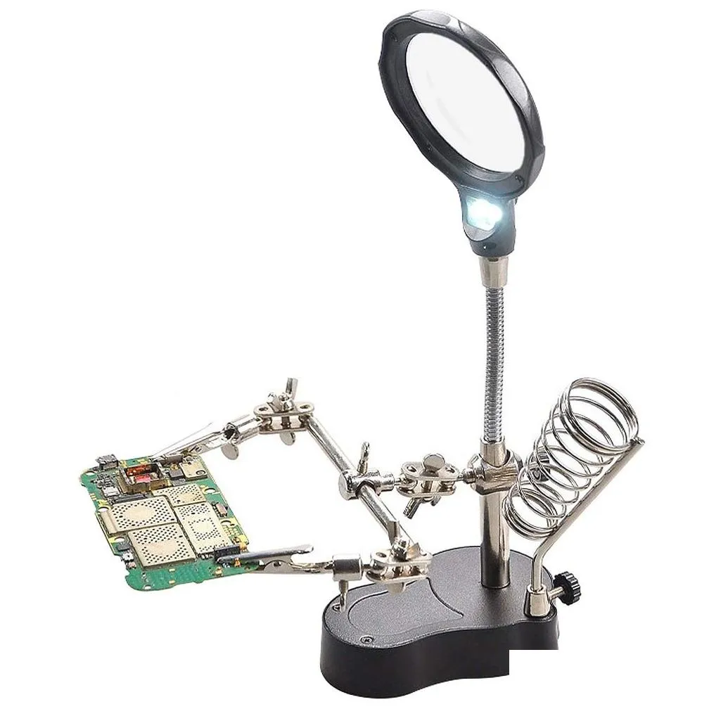 wholesale Other Welding Equipment Hel Hands Soldering Station 3.5X 12X Magnifying Glass Led Lighted Magnifier With Auxiliary Clips LL