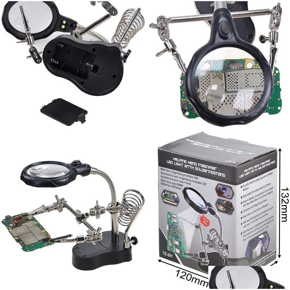 wholesale Other Welding Equipment Hel Hands Soldering Station 3.5X 12X Magnifying Glass Led Lighted Magnifier With Auxiliary Clips LL