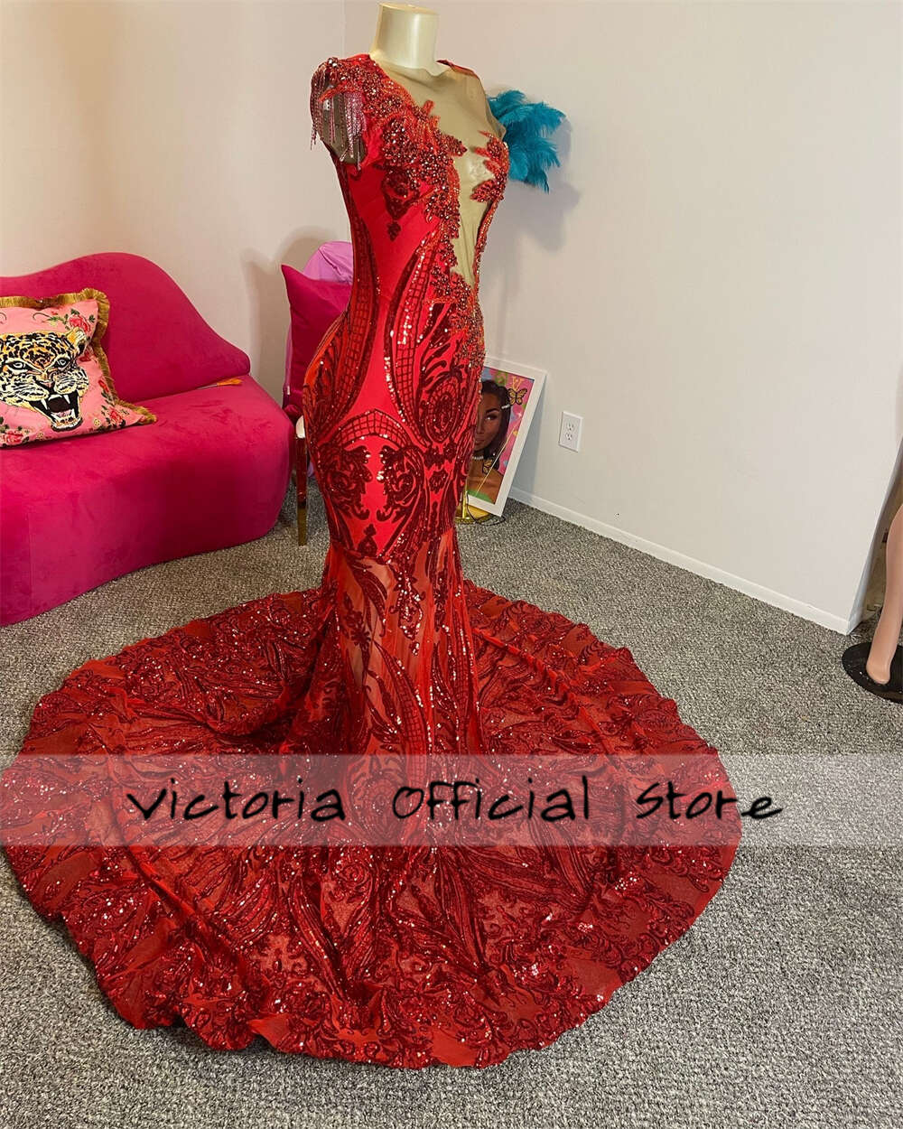Gorgeous Red Sequined Lace Crystal Prom Blackgirl Mermaid Party Dress Women Elegant See Thru Formal Gowns 0509