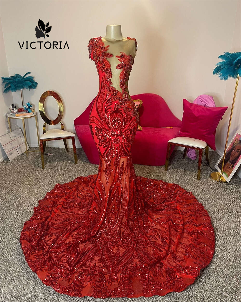 Gorgeous Red Sequined Lace Crystal Prom Blackgirl Mermaid Party Dress Women Elegant See Thru Formal Gowns 0509