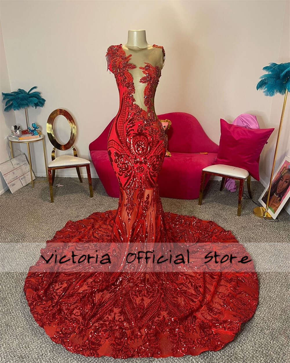 Gorgeous Red Sequined Lace Crystal Prom Blackgirl Mermaid Party Dress Women Elegant See Thru Formal Gowns 0509