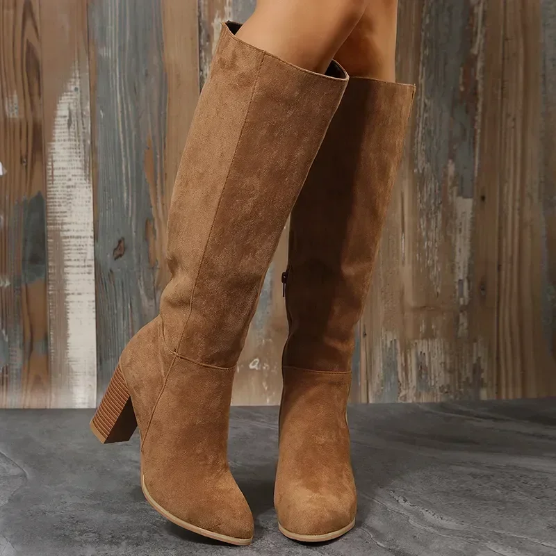 Retro Women Heels Western Cowboy Chunky Shoes Winter New Warm Plush Leather Knee High Long Suede Boots 2024 9bd7