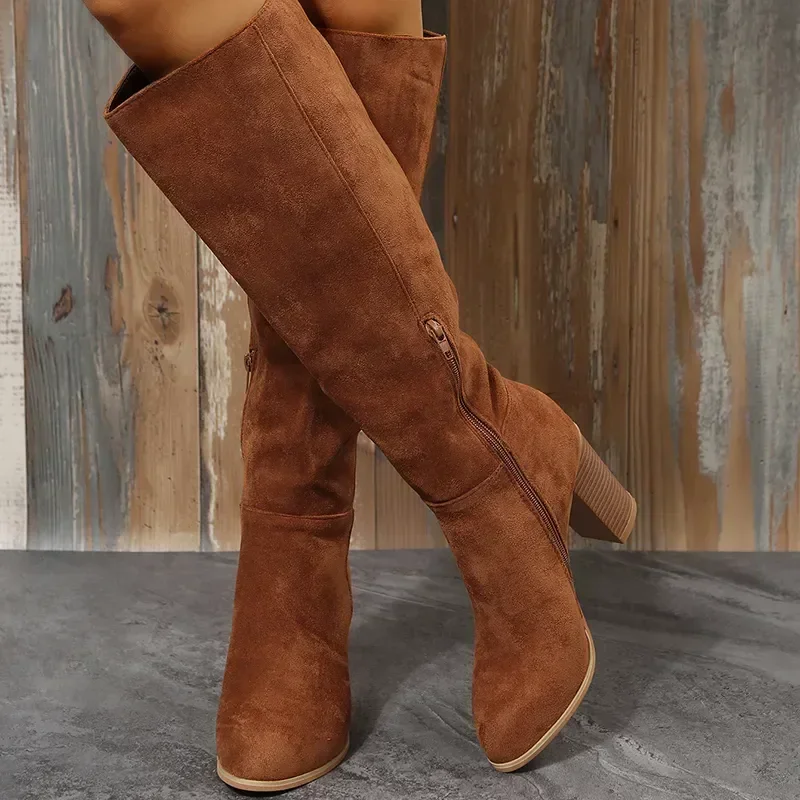 Retro Women Heels Western Cowboy Chunky Shoes Winter New Warm Plush Leather Knee High Long Suede Boots 2024 9bd7
