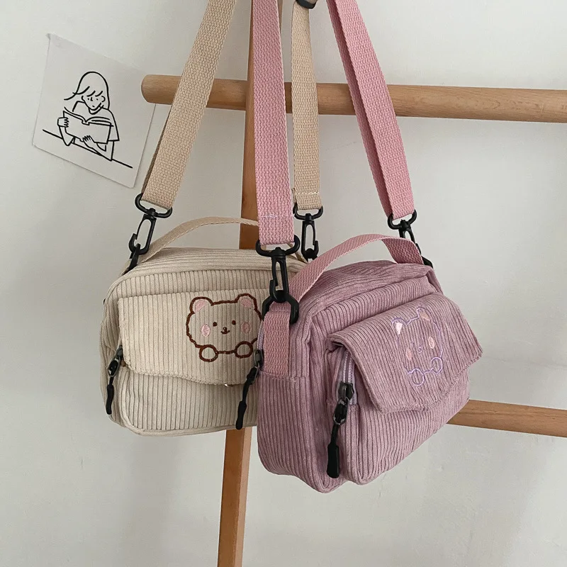 Free Shipping Ladies Cute Corduroy Small Bag Korean Style Canvas Shoulder Bags Little Bear Embroidery Handbag Crossbody Mobile Phone Package