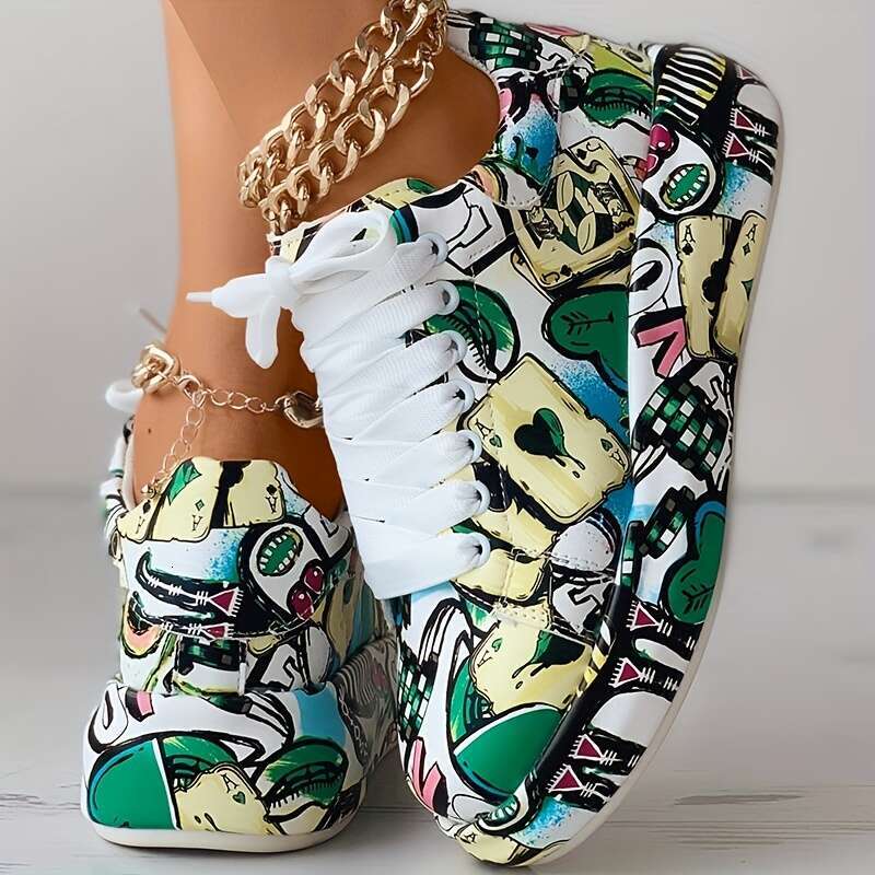 Women's graffiti printed fashionable lace up low cut thick soled sports shoes, casual skateboarding shoes