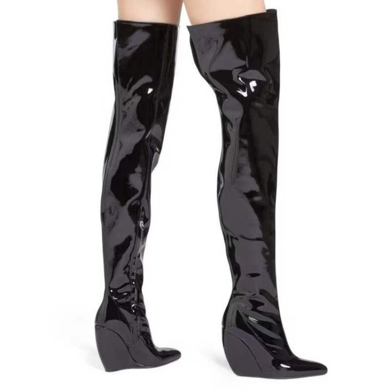 Brand Slope Heel Black White Over The Knee Boots Fashionable European American Style Walk Show Party Women's Shoes Size 34-43